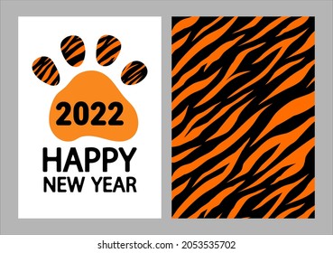 Set von Vektorkarten für Frohes Neujahr 2022. Tierhintergrund auf Tigermuster
