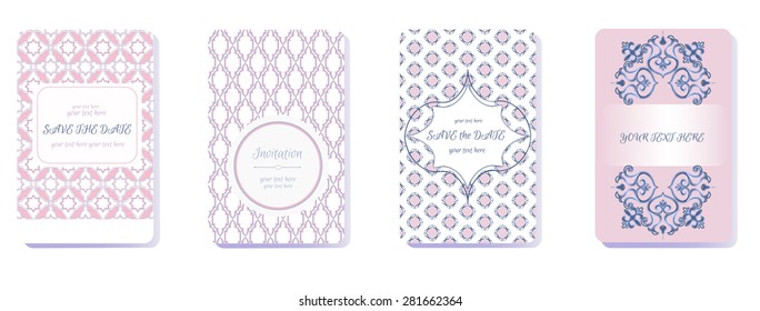 Set of vector card template in pastel colors. Ideal for Save The Date, baby shower, mothers day, valentines day, birthday cards, invitations. Vector design templates. Vintage frames and backgrounds.