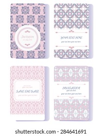 Set of vector card template in pastel pallet colors. Ideal for Save The Date, baby shower, mothers day, valentines day, birthday cards, invitations. Vector design. Vintage frames and backgrounds.
