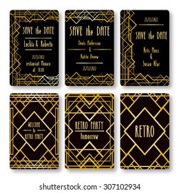 Set of vector card templates in art deco style. Ideal for Save The Date, baby shower, mothers day, valentines day, birthday cards, invitations.