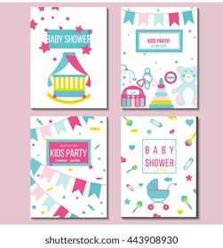 Set of vector card templates for baby shower, kids party, birthday and other children theme event. Bright cute illustration with baby products and symbols. Editable unique invitation design concept


