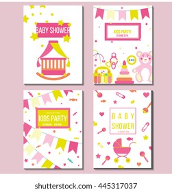 Set of vector card templates for baby shower, kids party, birthday and other children theme event. Bright cute illustration with baby products and symbols. Editable unique invitation design concept

