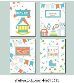 Set of vector card templates for baby shower, kids party, birthday and other children theme event. Bright cute illustration with baby products and symbols. Editable unique invitation design concept

