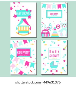 Set of vector card templates for baby shower, kids party, birthday and other children theme event. Bright cute illustration with baby products and symbols. Editable unique invitation design concept

