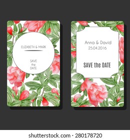 Set of vector card templates with decorative pomegranate tree flowers patterns. Template for save the date, birthday cards, wedding invitations.