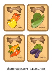 Set of vector card templates with healthy food vegetables on vertical vintage tags zucchini, pepper, chili, eggplant