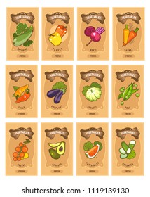 Set of vector card templates of healthy food stuffs vegetables on vertical vintage tags of tomato, beetroot. carrots, peppers, squash, eggplant,
