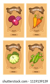 Set of vector card templates of healthy food stuffs vegetables on vertical vintage tags of tomato, beetroot. carrots, patisson, peas
