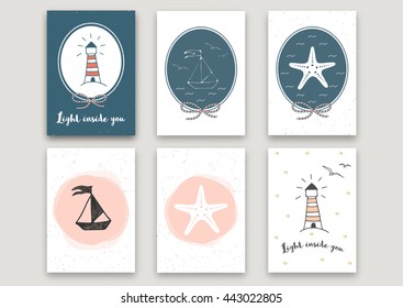 Set of vector card templates in marine style. Wedding invitation or greeting card. Light inside you - quote.