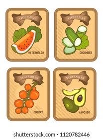 Set of vector card templates products of healthy food vegetables on vertical vintage tags tomato, avocado, arubz, cucumber, slice