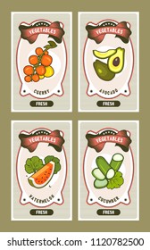 Set of vector card templates products of healthy food vegetables on vertical vintage tags tomato, avocado, arubz, cucumber, slice