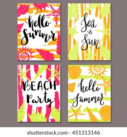 Set of vector card templates with sea shells silhouettes and hand drawn calligraphy phrases. Design concept for poster, party, save the date invitations. Hello Summer, Sea and Sun, Beach party.


