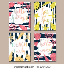 Set of vector card templates with sea shells silhouettes and hand drawn calligraphy phrases. Design concept for poster, party, save the date invitations. Hello Summer, Sea and Sun, Beach party.

