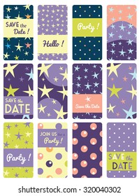 Set of  vector card templates with star pattern background. Ideal for Save The Date, baby shower, mothers day, valentines day, birthday cards, invitations.