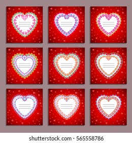 Set of vector card templates to valentine's day. Congratulation's backgrounds with romantic pattern, heart, place for text and ethnic decorative frame