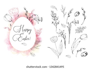 Set of vector card with vintage hand drawn engraving elements: tulips, willow, narcissus, eggs. Sketch flowers. Calligraphic inscription Happy Easter on the white egg shape. Pink watercolor background