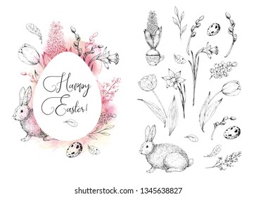 Set of vector card with vintage hand drawn engraving elements: tulips, willow, narcissus, egg, bunny. Sketch flowers. Calligraphic inscription Happy Easter on the white egg. Pink watercolor background