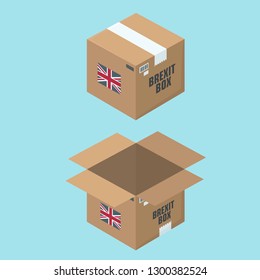 Set of Vector Cardboard Box Icon. On the box is the flag of Britain and the text: Brexit Box. The parcel box is open and closed. Boxes in flat minimalism isometric style.