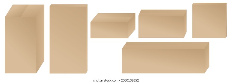 Set of vector cardboard boxes of different sizes without identification marks isolated on white background. Blank template. Postage and warehouse storage.