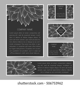 Set of vector cards with abstract floral doodle ornament. Invitation cards, flyers, business card. Yoga business cards.