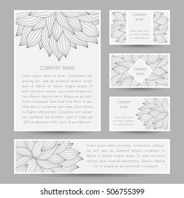Set of vector cards with abstract floral doodle ornament. Invitation cards, flyers, business card. Yoga business cards.