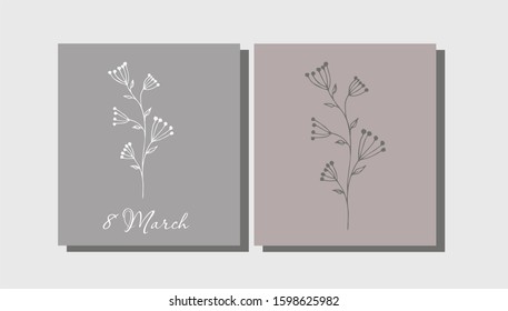 Set of vector cards with abstract plants, ready for print. For cards, invitations, flyers, confessions, for the celebration of International Women's Day, logo on eco bags.