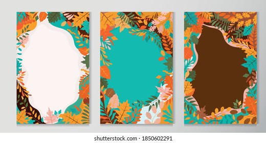 Set of vector cards with autumn leaves. Stylish postcards with place for text.