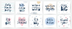 Set Of Vector Cards For Baby Shower Party, Hand Lettering In Scandinavian Style