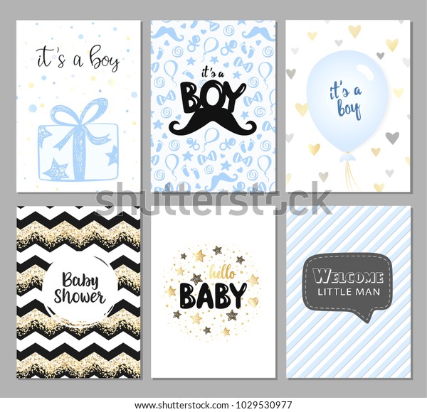 Set of vector cards for baby shower. It\'s a boy cards,\
posters. Hello baby. Blue gift, balloon. Vector greeting cards for\
baby boy. 