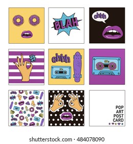 Set of vector cards and banners 80s-90s comic style with fashion patches, pins and stickers. Can be used in cover design, book design, CD cover, advertising, posters and greeting cards.