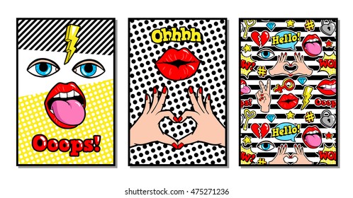 Set of vector cards and banners in cartoon 80s-90s comic style with fashion patches, pins and stickers.  Can be used in cover design, book design, CD cover, advertising, posters and greeting cards.