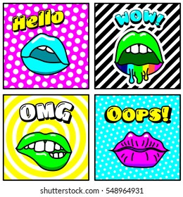 Set of Vector Cards and Banners in Cartoon 80s-90s Pop Art Style with Fashion Patches, Pins and Stickers. For Cover Design, Book Design, Advertising, Poster, Greeting Cards and Banners