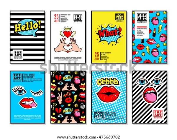 设置矢量卡片和横幅卡通80 90 年代漫画风格与时尚补丁 别针和贴纸 可用于封面设计 书籍设计 Cd 封面 广告 海报和贺卡 库存矢量图 免版税
