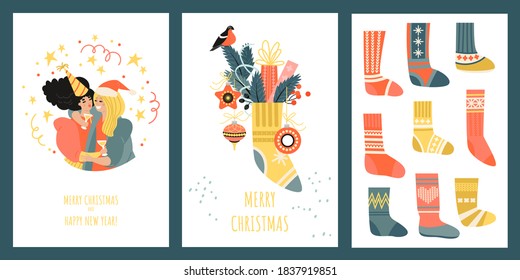 Juego de tarjetas vectoriales o banners para Navidad y Año Nuevo con graciosos personajes femeninos, medias y decoraciones. Imágenes de dibujos animados de estilo plano