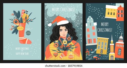 Set of vector cards or banners for Christmas and New Year with decorated sock, cute girl and winter cityscape. Cartoon images in flat style