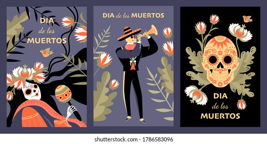 Set of vector cards or banners for the Mexican Day of the Dead with skeletons in traditional costumes, decorated with a skull and musical instruments on a background of flowers and leaves. Dia de los 