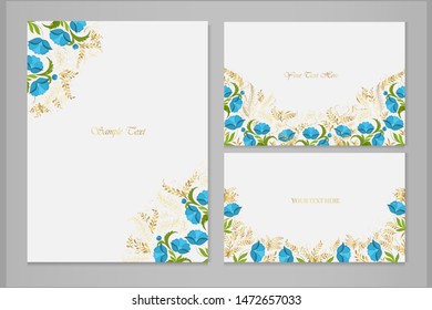 Set of vector cards with blue flowers and golden plants on a gray background.