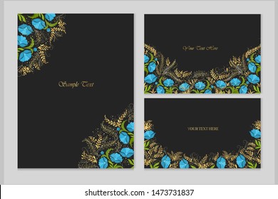 Set of vector cards with blue flowers and golden plants on a black background.