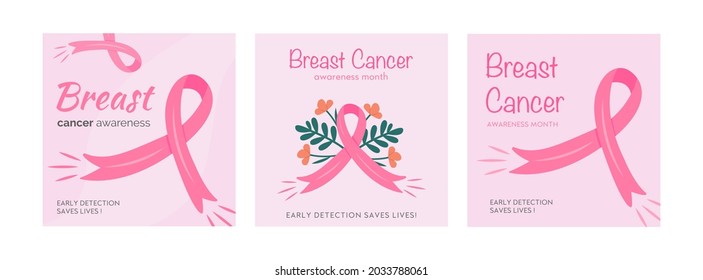 Set of vector cards for Breast Cancer Awareness Month. Collection of square banner templates for mammary cancer campaign with pink cartoon ribbons and floral decoration. Flat style Illustration.