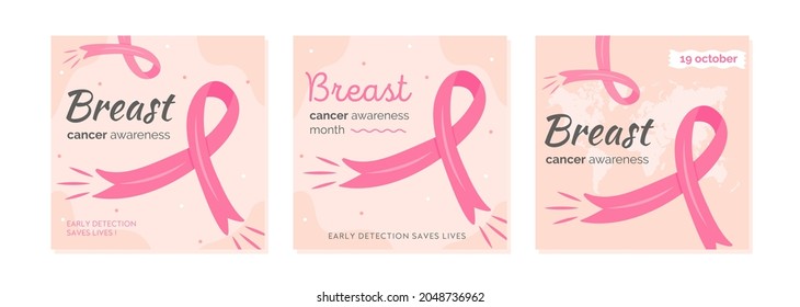 Set of vector cards for Breast Cancer Awareness Month. Collection of square banner templates for mammary cancer campaign with pink cartoon ribbons and world map on background. Flat style Illustration.