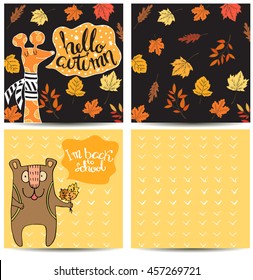 Set of vector cards with cartoon animals and colorful autumn leaves.