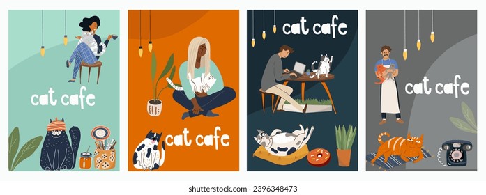 Set of vector cards with cartoon cat cafe characters, cat, animal friendly, small business graphics, customer and barista. Modern flat vector.