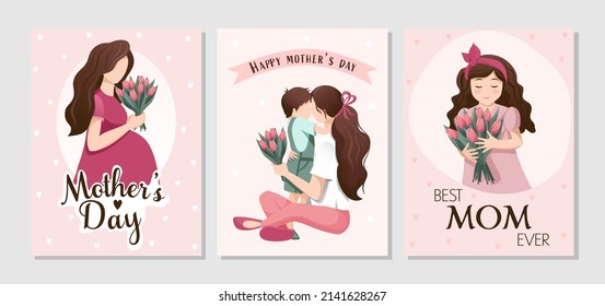 set of vector cards with congratulations on mother's day. Illustrations with pregnant woman, son with mother, girl with tulips