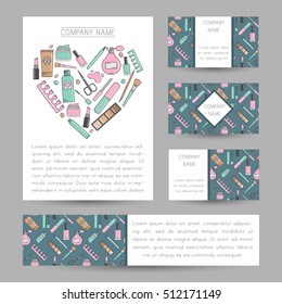 Set of vector cards with cosmetics ornament. Invitation cards, flyers, business card.