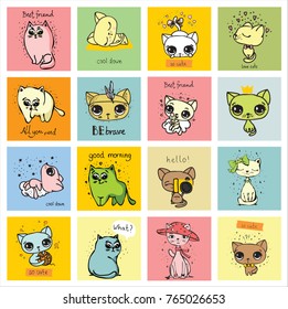 Set of vector cards with cute funny cats and hand drawn text