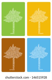 set of vector cards with four seasons tree made of white words