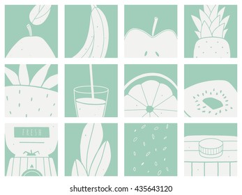 Set of vector cards with fruits for smoothie. Hand drawn kitchen design. Cropped with clipping mask