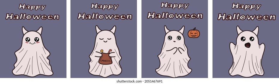 Juego de tarjetas vectoriales con fantasmas para halloween. Felices letras de Halloween. Hermosos fantasmas. Miedo, miedo. Postales, afiches para Halloween.