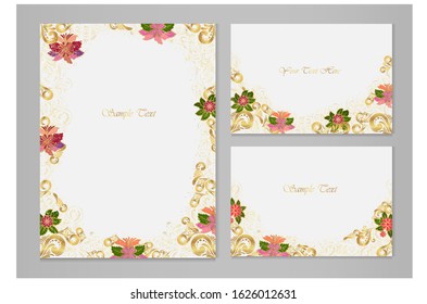  Set of vector cards with gold ornaments, curls, pink flowers and with place for text.