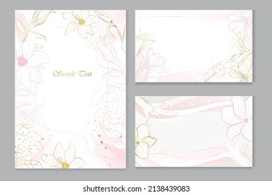 Set of vector cards with golden and pink plants in line-art style on a gray background.